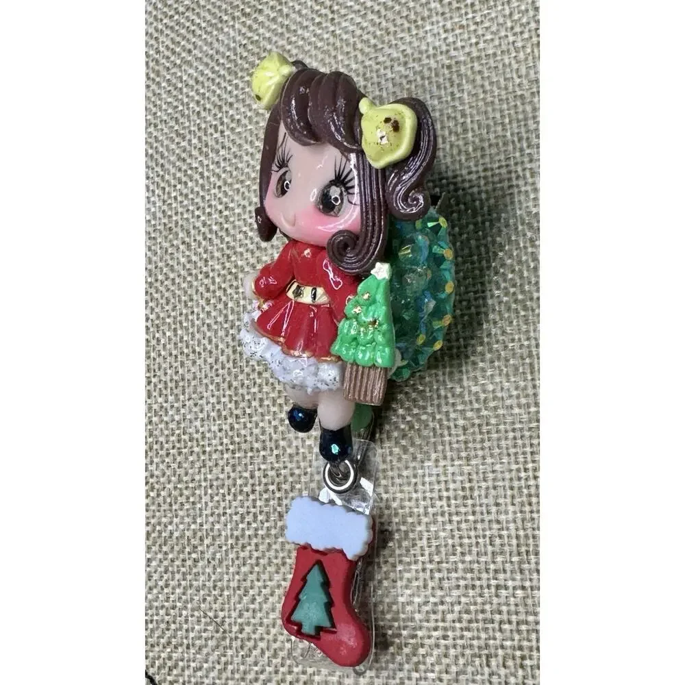 Christmas Girl Badge Reel On Alligator Clip With Green Rhinestones